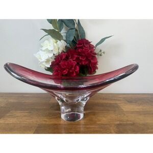 Vintage Chalet Style Cranberry Art Glass Console Bowl MCM Pedestal Centerpiece